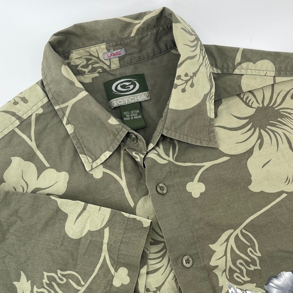Gotcha‎ Mens Olive Green Hibiscus Floral Short Sleeve Button Up Shirt LG Vintage